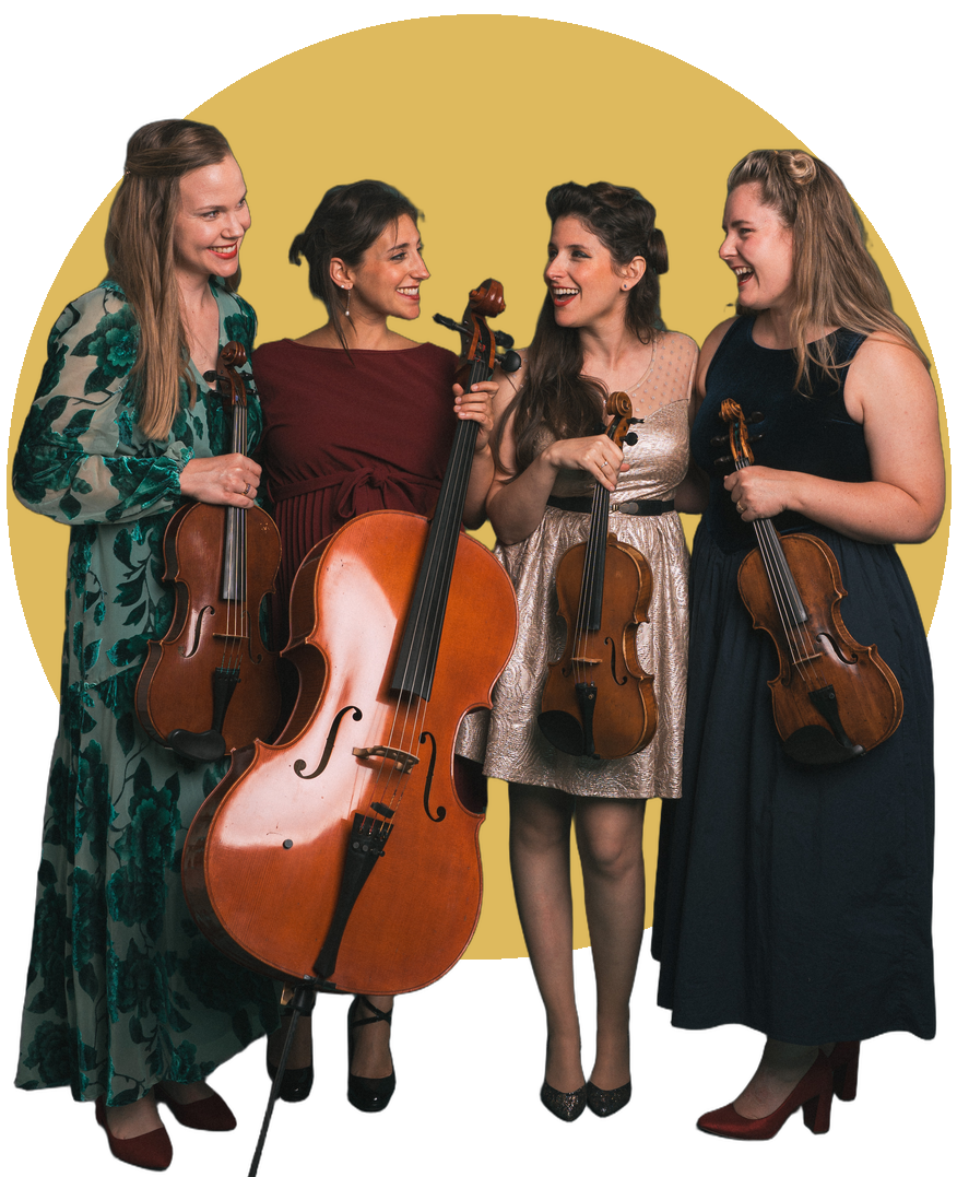ATLYS string quartet: four musicians laughing together with their violins, viola and cello